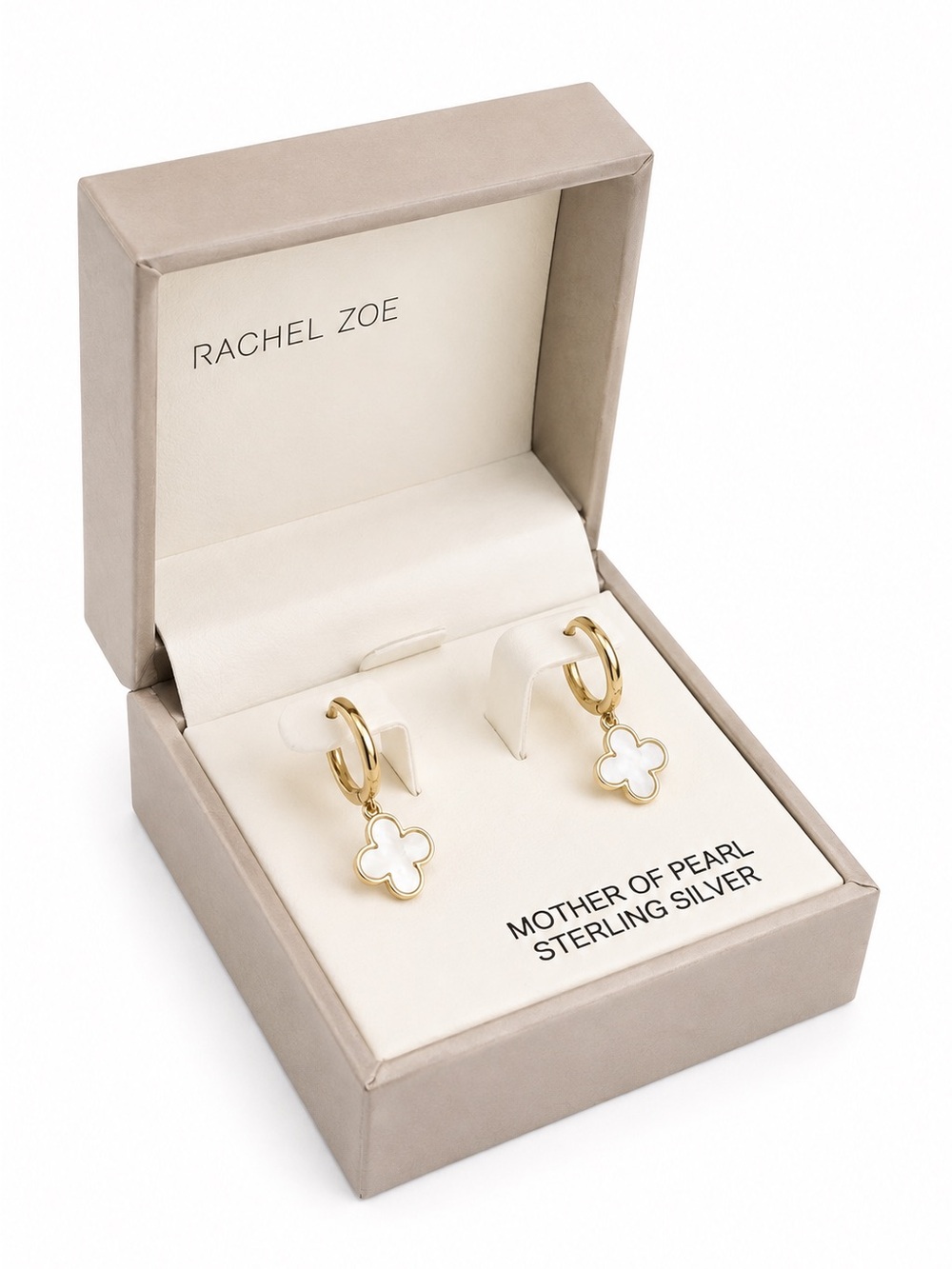 Rachel Zoe Gold and White Mother of Pearl Clover Hoop Earrings • NEW IN BOX
